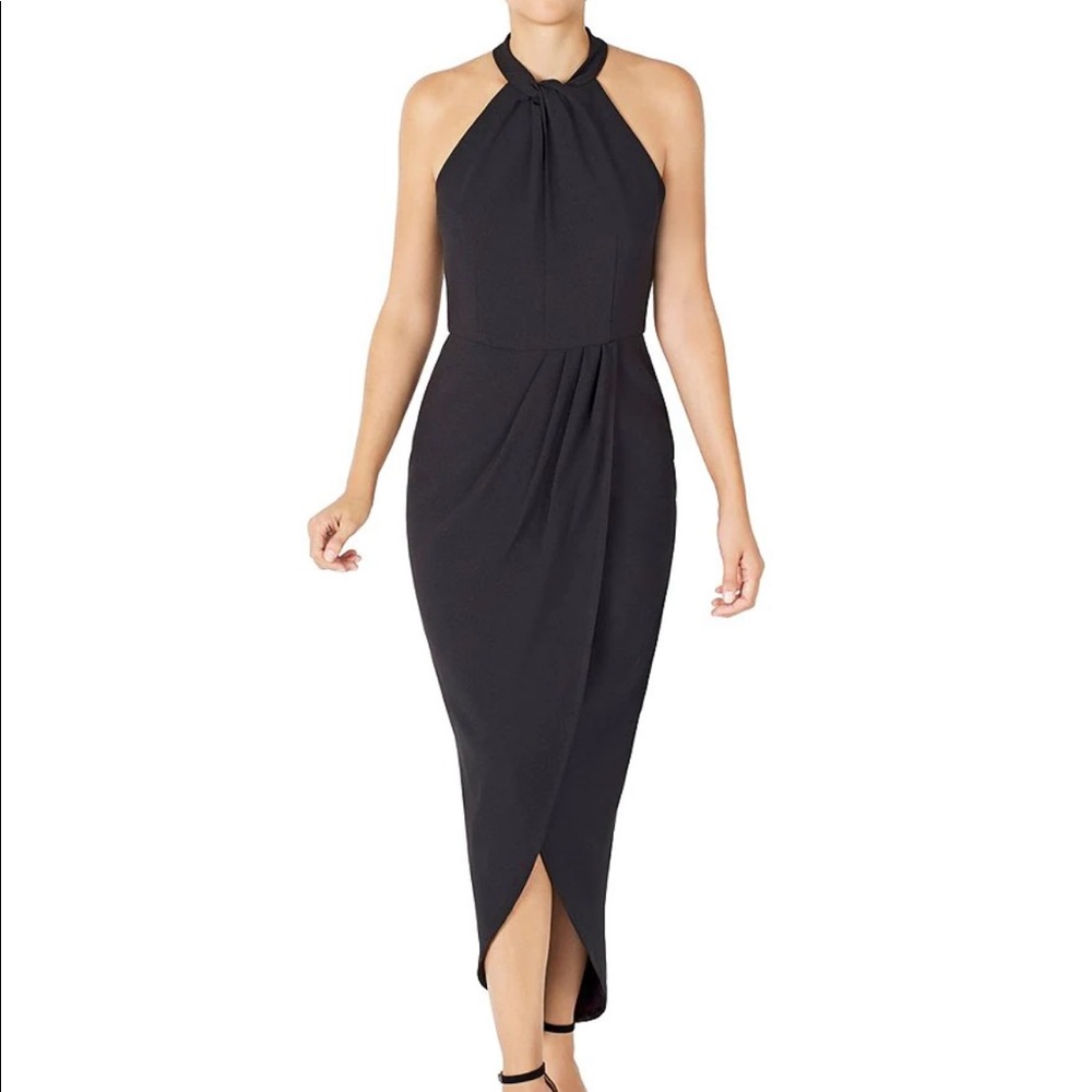 Knot Halter Neck Sleeveless Faux Wrap Tulip Hem Midi Dress